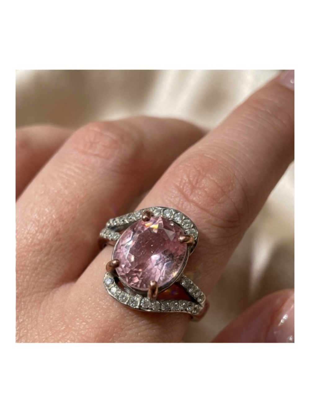 Vintage Pink Oval Morganite & CZ Halo Ring Size 7 3/4